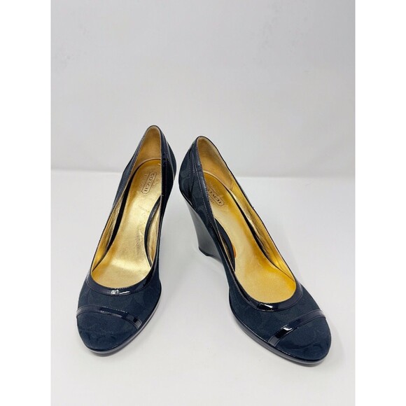 Coach Sandals Blue Leather Kerryann Signature Slip On Wedge Heel Pump US 10 B - Picture 3 of 9